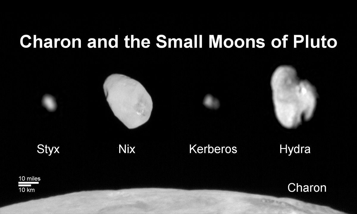 A little family portrait of the moons of Pluto, showing Charon's size compared to the others. A little family portrait of the moons of Pluto, showing Charon's size compared to the others.